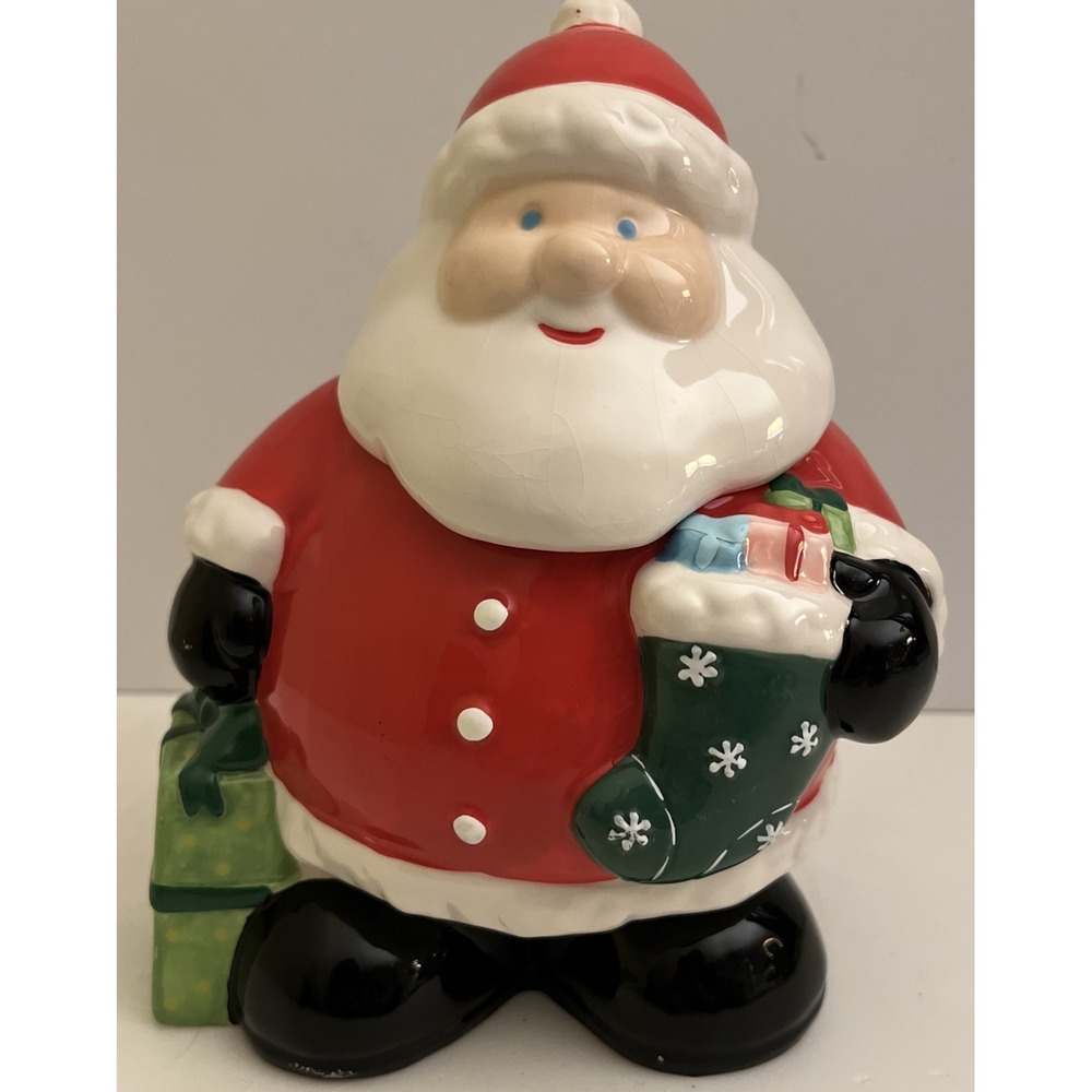 Santa Claus‎ Cookie Jar 10" Standing Fat Presents Christmas Stocking Blue Eyes
